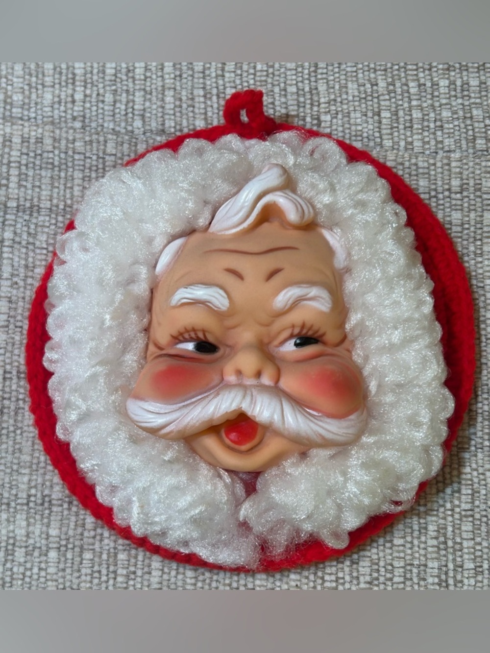 Vintage Christmas Kitsch Santa & Mrs. Claus Rubber Face Crochet Wall Decor